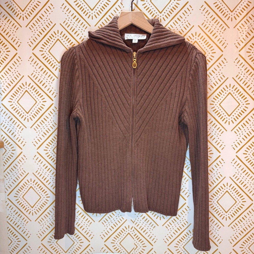 St John Collection Zip Cardigan Women 4 Chocolate Brown Ribbed Knit Layering‎